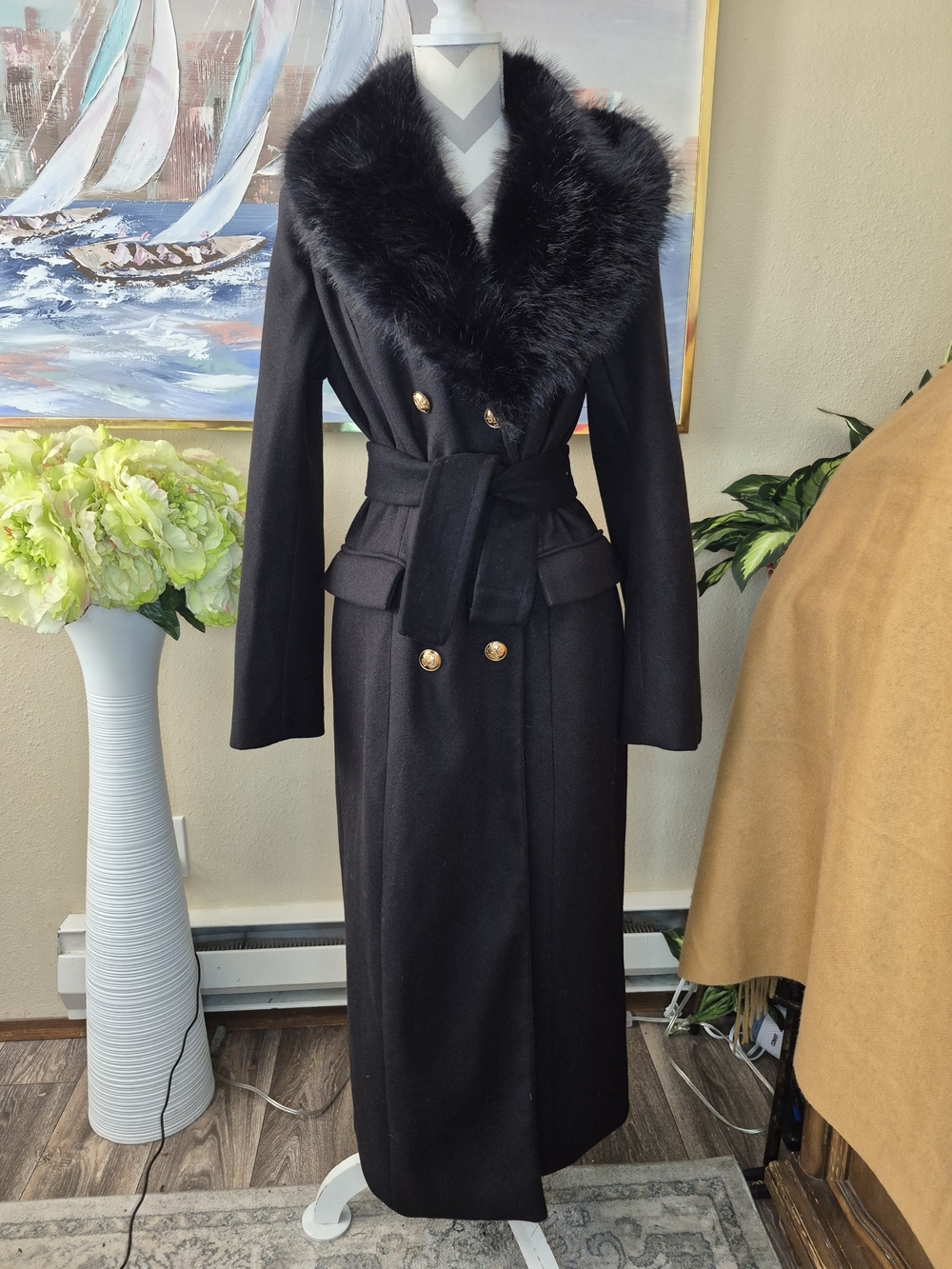 Self Esteem Black Long Trench Coat with Faux Fur Collar
